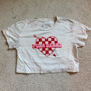 Pure Barre White Tee with Pink Checker Heart Graphic